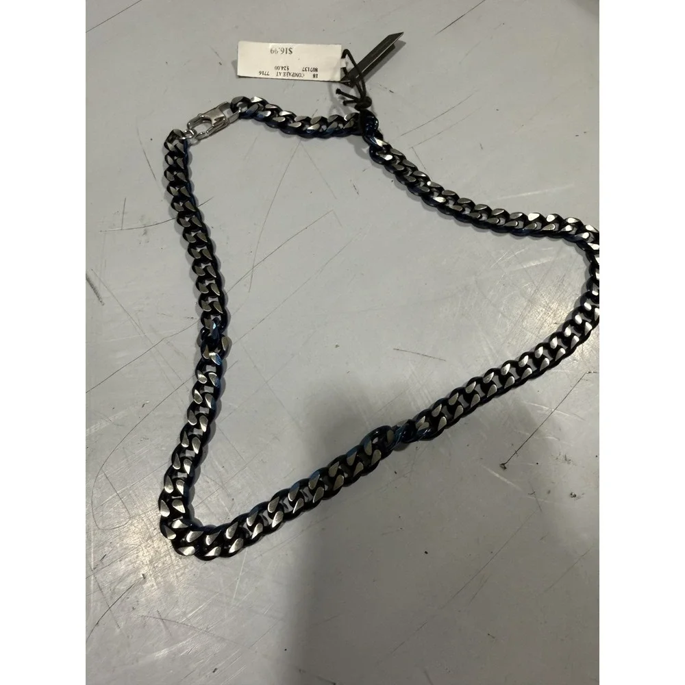 Anthony Jacobs Men's Stainless Steel Cuban Link Necklace Blue/Silver Signed